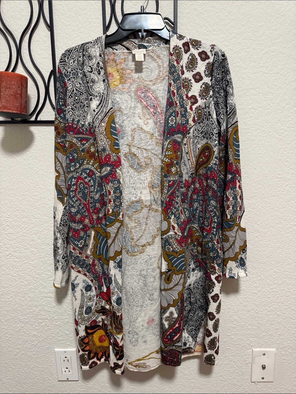 Chico's Open-Front Paisley full length Cardigan in White, Red, Gold, Blue, Gray
